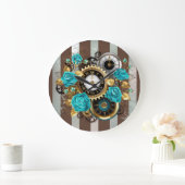 Steampunk Clock- en Turquoise-Rozen op gestreept Grote Klok (Huis)