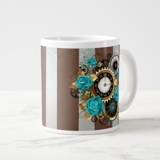 Steampunk Clock- en Turquoise-Rozen op gestreept Grote Koffiekop (Voorkant rechts)