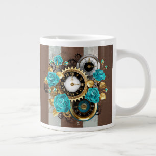 Steampunk Clock- en Turquoise-Rozen op gestreept Grote Koffiekop