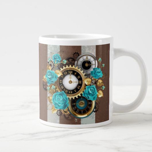 Steampunk Clock- en Turquoise-Rozen op gestreept Grote Koffiekop (Rechts)
