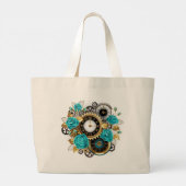 Steampunk Clock- en Turquoise-Rozen op gestreept Grote Tote Bag (Achterkant)