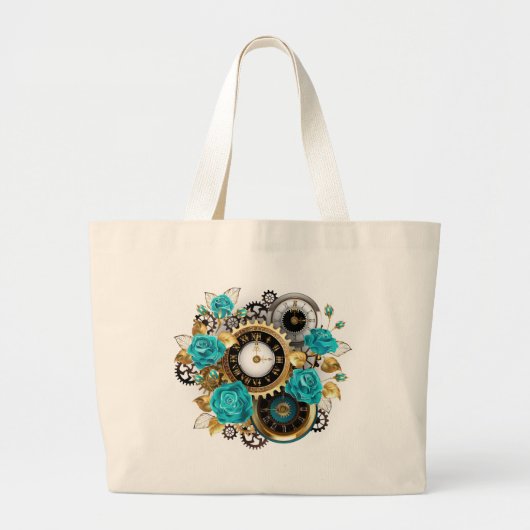 Steampunk Clock- en Turquoise-Rozen op gestreept Grote Tote Bag (Voorkant)