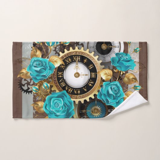 Steampunk Clock- en Turquoise-Rozen op gestreept Handdoek (Handdoek)