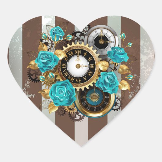 Steampunk Clock- en Turquoise-Rozen op gestreept Hart Sticker (Voorkant)