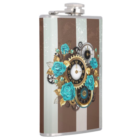 Steampunk Clock- en Turquoise-Rozen op gestreept Heupfles (Rechts)