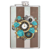 Steampunk Clock- en Turquoise-Rozen op gestreept Heupfles (Voorkant)
