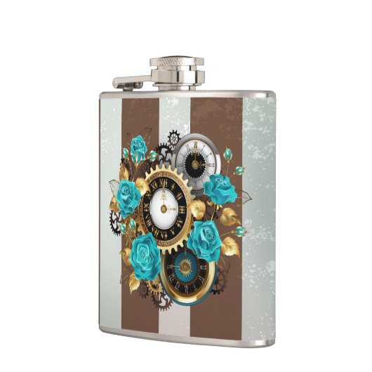 Steampunk Clock- en Turquoise-Rozen op gestreept Heupfles (Links)