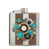 Steampunk Clock- en Turquoise-Rozen op gestreept Heupfles (Voorkant)