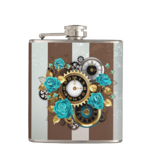 Steampunk Clock- en Turquoise-Rozen op gestreept Heupfles