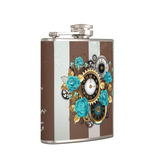 Steampunk Clock- en Turquoise-Rozen op gestreept Heupfles (Rechts)
