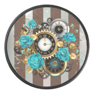 Steampunk Clock- en Turquoise-Rozen op gestreept Hockey Puck