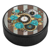 Steampunk Clock- en Turquoise-Rozen op gestreept Hockey Puck (3/4)