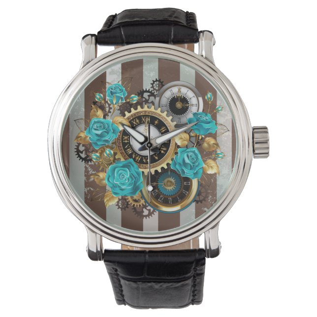 Steampunk Clock- en Turquoise-Rozen op gestreept Horloge (Voorkant)