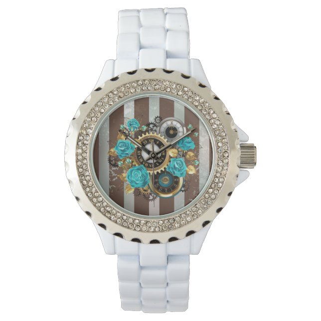 Steampunk Clock- en Turquoise-Rozen op gestreept Horloge (Voorkant)
