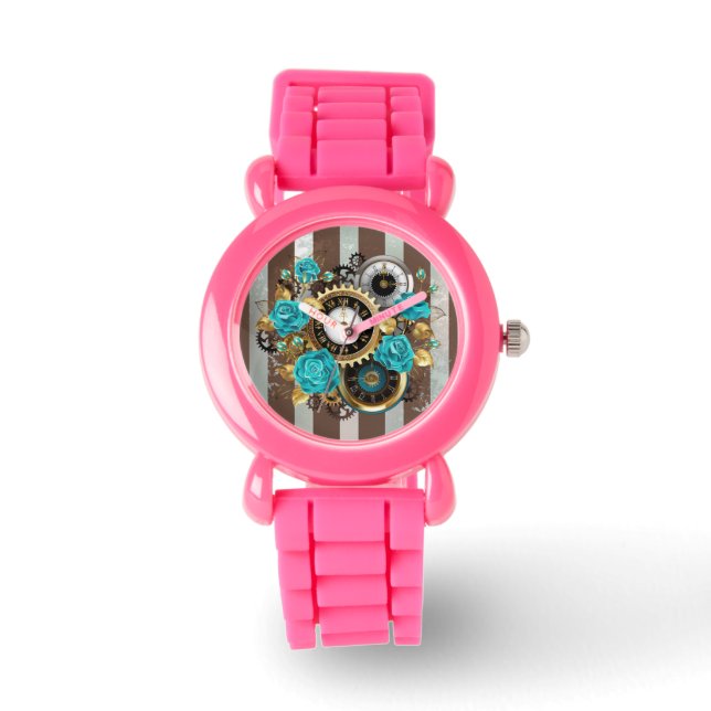 Steampunk Clock- en Turquoise-Rozen op gestreept Horloge (Voorkant)