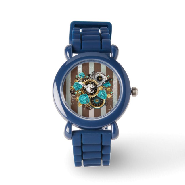 Steampunk Clock- en Turquoise-Rozen op gestreept Horloge (Voorkant)