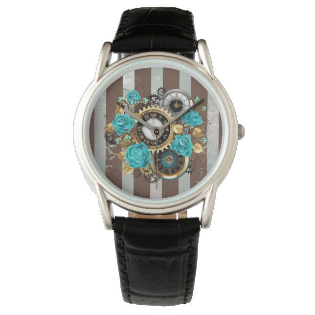 Steampunk Clock- en Turquoise-Rozen op gestreept Horloge (Voorkant)