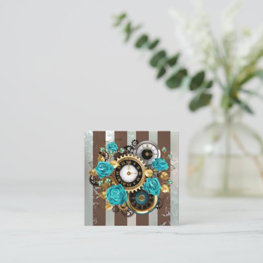 Steampunk Clock- en Turquoise-Rozen op gestreept Informatiekaartje (Staand voorkant)