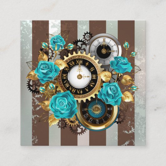 Steampunk Clock- en Turquoise-Rozen op gestreept Informatiekaartje (Voorkant)