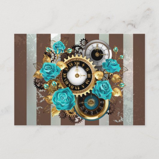 Steampunk Clock- en Turquoise-Rozen op gestreept Informatiekaartje (Voorkant)