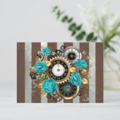 Steampunk Clock- en Turquoise-Rozen op gestreept Informatiekaartje (Staand voorkant)