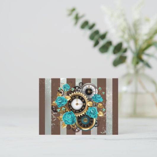 Steampunk Clock- en Turquoise-Rozen op gestreept Informatiekaartje (Staand voorkant)
