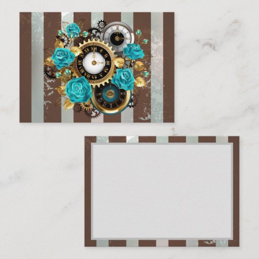 Steampunk Clock- en Turquoise-Rozen op gestreept Informatiekaartje (Voorkant / Achterkant)