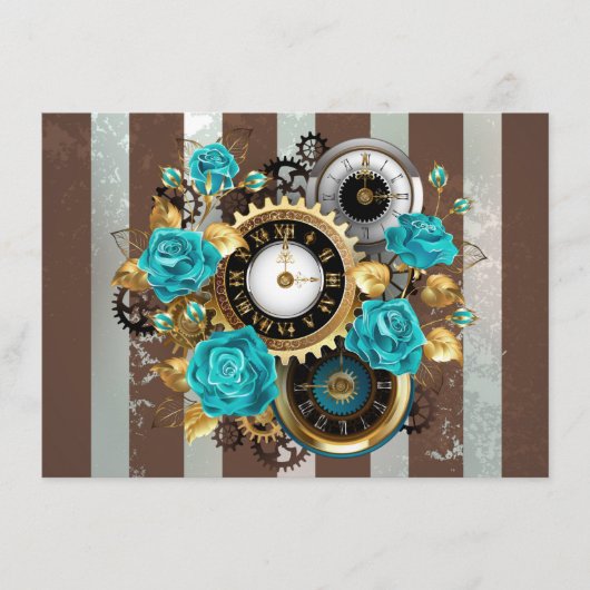 Steampunk Clock- en Turquoise-Rozen op gestreept Informatiekaartje (Voorkant)