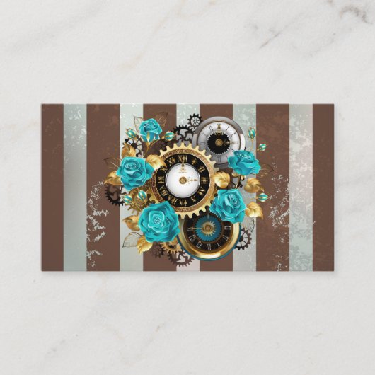 Steampunk Clock- en Turquoise-Rozen op gestreept Informatiekaartje (Voorkant)