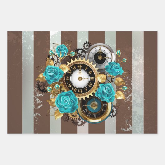 Steampunk Clock- en Turquoise-Rozen op gestreept Inpakpapier Vel (Voorkant 2)