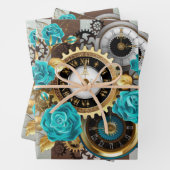Steampunk Clock- en Turquoise-Rozen op gestreept Inpakpapier Vel (In situ)