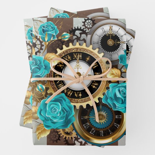 Steampunk Clock- en Turquoise-Rozen op gestreept Inpakpapier Vel (In situ)
