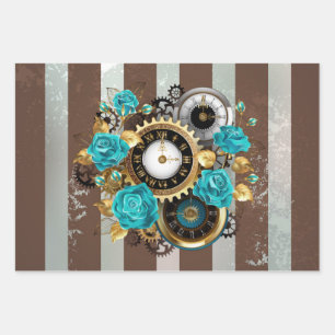 Steampunk Clock- en Turquoise-Rozen op gestreept Inpakpapier Vel