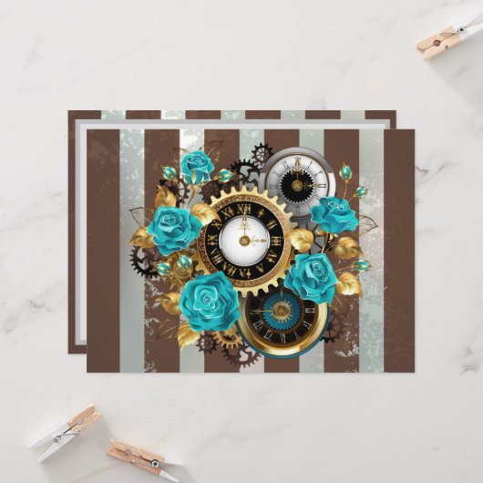 Steampunk Clock- en Turquoise-Rozen op gestreept Kaart (Voorkant / Achterkant in situ)