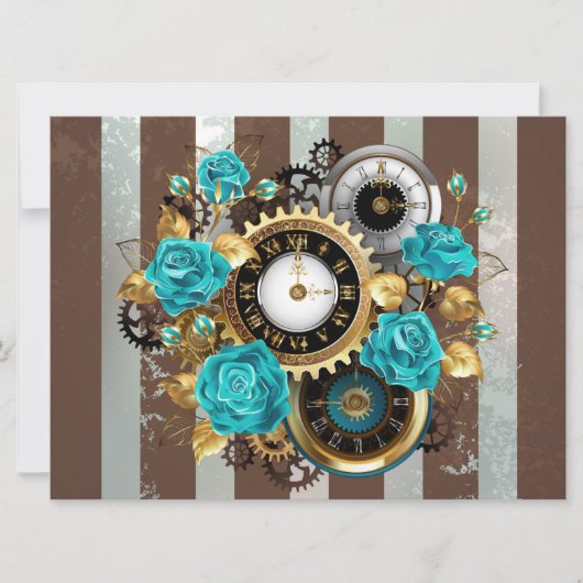 Steampunk Clock- en Turquoise-Rozen op gestreept Kaart (Voorkant)