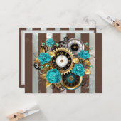 Steampunk Clock- en Turquoise-Rozen op gestreept Kaart (Voorkant / Achterkant in situ)