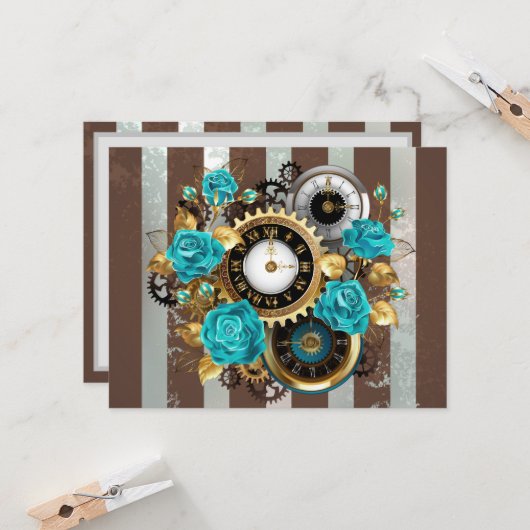 Steampunk Clock- en Turquoise-Rozen op gestreept Kaart (Voorkant / Achterkant in situ)