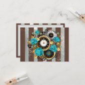 Steampunk Clock- en Turquoise-Rozen op gestreept Kaart (Voorkant / Achterkant in situ)