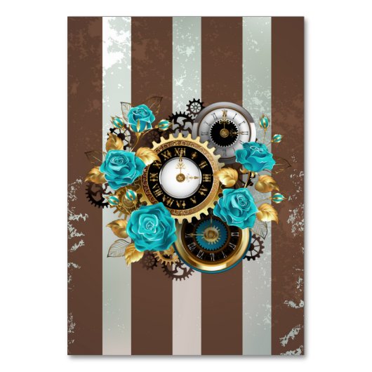 Steampunk Clock- en Turquoise-Rozen op gestreept Kaart (Voorkant)
