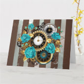 Steampunk Clock- en Turquoise-Rozen op gestreept Kaart (Gele Bloem)