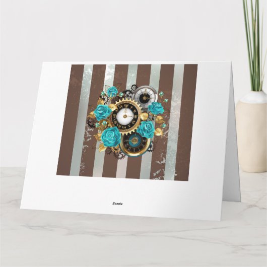 Steampunk Clock- en Turquoise-Rozen op gestreept Kaart (Achterkant)