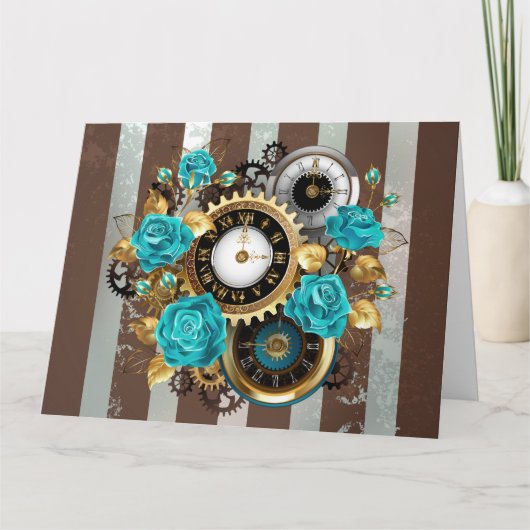 Steampunk Clock- en Turquoise-Rozen op gestreept Kaart (Voorkant)