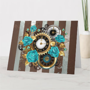 Steampunk Clock- en Turquoise-Rozen op gestreept Kaart