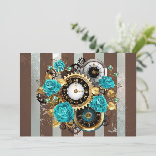 Steampunk Clock- en Turquoise-Rozen op gestreept Kaart (Staand voorkant)