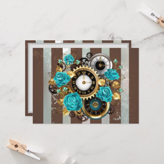 Steampunk Clock- en Turquoise-Rozen op gestreept Kaart (Voorkant / Achterkant in situ)