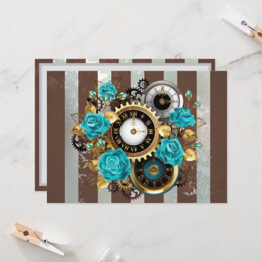 Steampunk Clock- en Turquoise-Rozen op gestreept Kaart (Voorkant / Achterkant in situ)