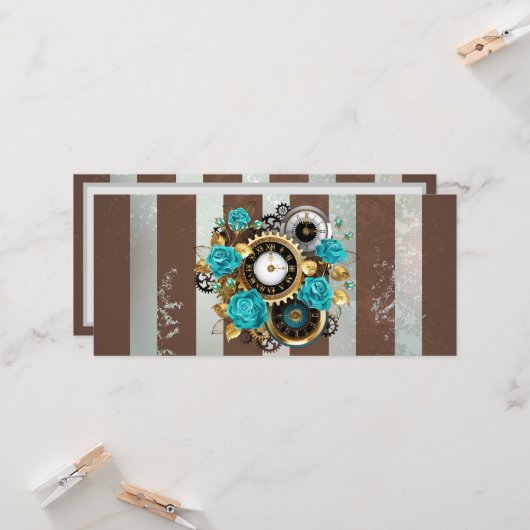 Steampunk Clock- en Turquoise-Rozen op gestreept Kaart (Voorkant / Achterkant in situ)