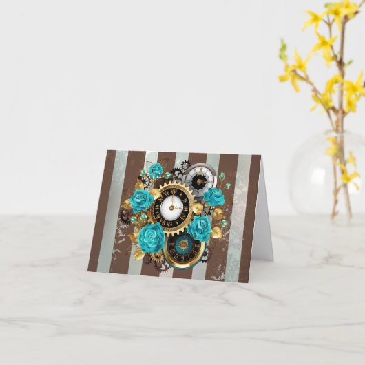 Steampunk Clock- en Turquoise-Rozen op gestreept Kaart (Gele Bloem)