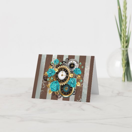 Steampunk Clock- en Turquoise-Rozen op gestreept Kaart (Voorkant)