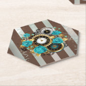 Steampunk Clock- en Turquoise-Rozen op gestreept Kartonnen Onderzetters (Schuin)